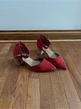 Mi,iM Deep Red Suede Chunky Block Heeled Sandals with Western Style Buckle